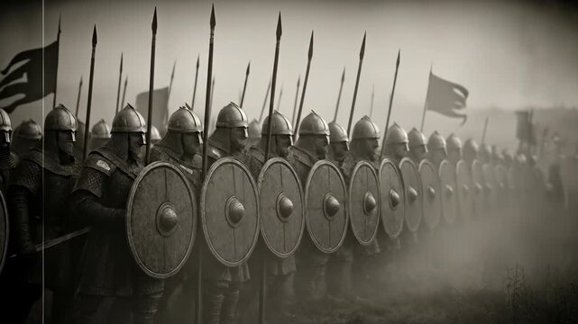 A sepia toned image features a row of medieval warriors standing guard, equipped with shields and spears on a field shrouded in fog, evoking a sense of historical battle.