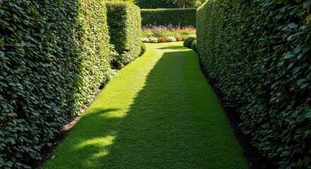 Sunlit green grass path meanders between tall, meticulously trimmed hedges, showcasing vibrant green foliage in a lush garden setting.