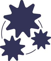 Three dark blue starshaped gears are interlocked