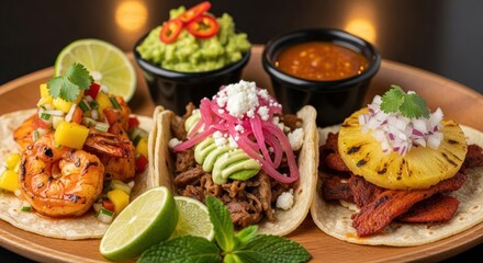 A delicious assortment of gourmet tacos are presented on a wooden tray, featuring various fillings like grilled shrimp with mango salsa, braised meat with avocado, and roasted pineapple, alongside...