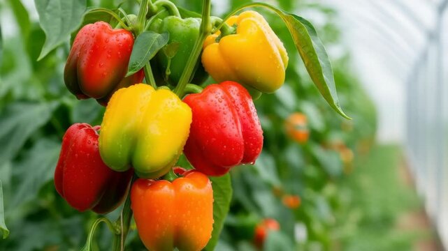 Vibrant red yellow orange and green bell peppers glisten with fresh water droplets on their leafy vines thriving in sunlit greenhouse environment with abundant plant rows