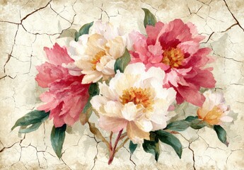 A delicate bouquet of vibrant pink and creamy white peonies, painted with watercolor style, sits gracefully against a textured background of cracked ivory.