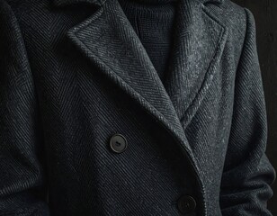 Close-up view of a stylish dark coat with button details, fashion clothing