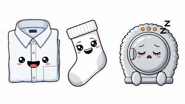 Cute cartoon laundry items including a smiling shirt, a sock, and a sleepy washing machine