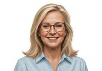 Professional businesswoman with glasses smiling confidently for corporate portrait transparent background