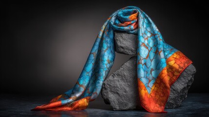 Vibrant silk scarf draped over textured stone with stunning blue and orange hues, perfect for fashion, accessories, and textile design inspiration in stock photography