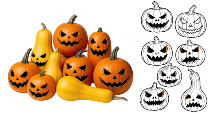 Halloween pumpkins and gourds with carved faces and line art templates isolated on transparent background