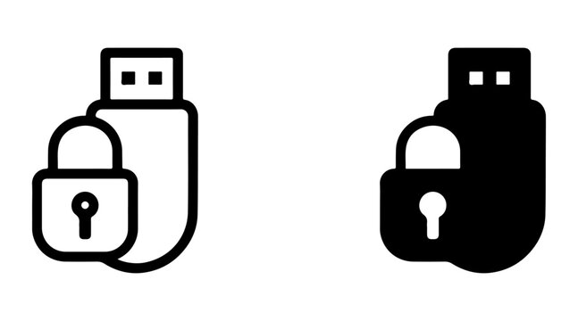 AI encrypted USB stick icon set with outline and solid styles, smart storage device symbol, machine learning flash drive graphic, secure data transfer technology element