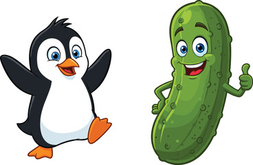 Cute cartoon penguin illustration, funny dancing bird character, happy pickle mascot vector, smiling vegetable artwork, children drawing, food animal clipart