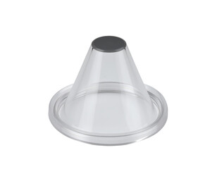 Disposable transparent plastic otoscope speculum tip isolated on white.