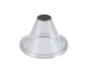 Disposable transparent plastic otoscope speculum tip isolated on white.