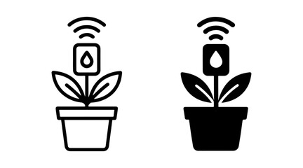AI smart plant pot moisture monitor icon set with outline and solid styles, intelligent gardening sensor symbol, machine learning hydration tracking graphic, automated care technology element