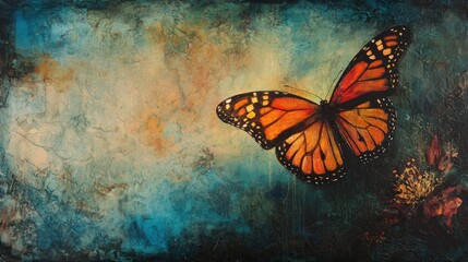 Vibrant Monarch Butterfly on Textured Abstract Painting with Blue, Teal, , and Earthy Tones