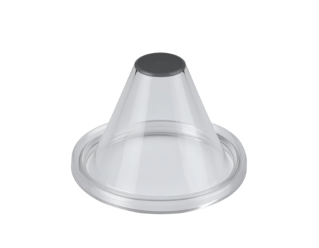 Disposable transparent plastic otoscope speculum tip isolated on white.