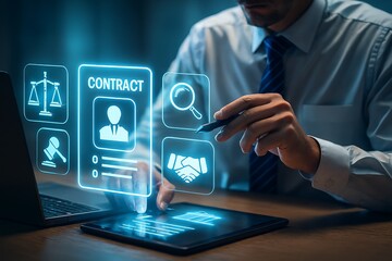 Modern professional reviews digital contract on tablet for secure business deal with confidence and legal compliance in vibrant office setting