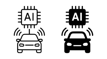 AI self driving car icon set with outline and solid styles, autonomous vehicle symbol, machine learning transportation graphic, intelligent automation technology element