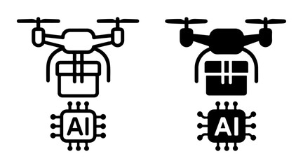 AI drone delivery box icon set with outline and solid styles, smart aerial shipping symbol, machine learning logistics graphic, intelligent transportation technology element