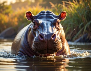 Fototapeta premium Close-up of a Hippopotamus in Water, Showing the Face and Detailed Features