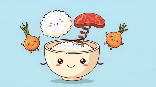 Cute Rice Bowl with Animated Food Elements A Delightful Cartoon Illustration