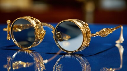 Exquisite Vintage Eyeglasses with Ornate Design and Gold Frame Placed on a Blue Surface, Showcasing Intricate Craftsmanship and Elegance
