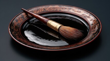 Elegant artist brush resting on a glossy black plate with intricate red and gold detailing, symbolizing creativity and artistry in a refined setting for an art project.