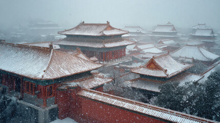 Snow-covered ancient Chinese palace buildings in winter scenery