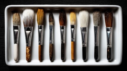 A Beautiful Collection of Artist Paint Brushes Arranged Neatly in a Tray Showcasing Various Brush Types and Textures Against a Dark Background