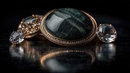 Elegant vintage jewelry featuring a prominent green stone surrounded by sparkling clear gemstones on a reflective surface, showcasing intricate design and craftsmanship.