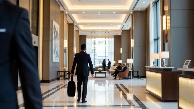 businessman in suit walks through luxurious well-lit hotel lobby pulling silver suitcase and carrying briefcase A staff member stands at the reception desk with lounge area visible in the background