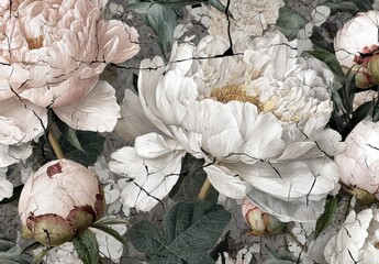 A detailed floral composition featuring delicate peonies in shades of blush pink and creamy white, set against a textured backdrop of cracked stone or aged plaster.