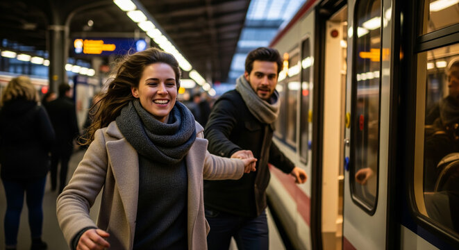 Happy couple holding hands while rushing for a train at a bustling station platform