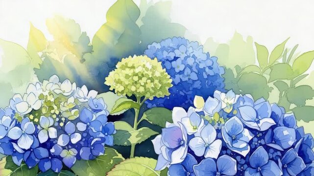 watercolor painting showcases multiple hydrangea clusters in shades of blue and white with central light green cluster Lush green leaves and sun rays illuminate the scene