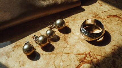 Elegant Silver Jewelry Display on Textured Marble Surface with Natural Light Highlighting Beautiful Earrings and Ring for Fashion and Accessory Inspiration