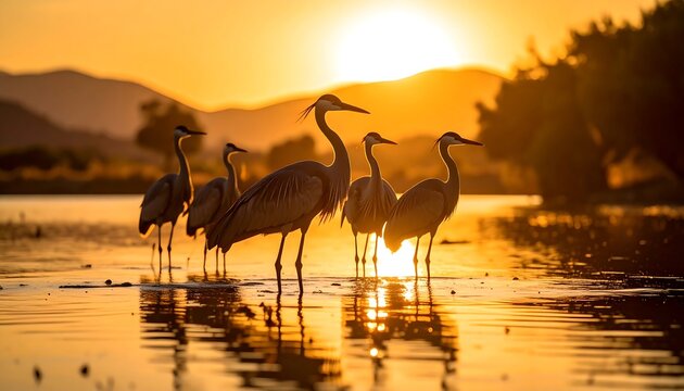 Silhouetted herons in a tranquil golden sunset