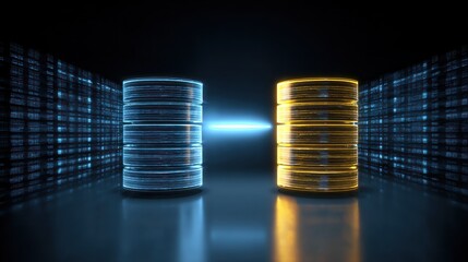 Two illuminated coins in a dark, digital environment with a blue glow.