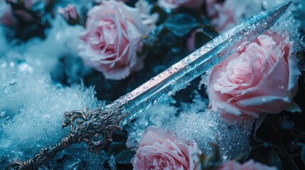 Enchanting ice sword with ornate hilt resting among delicate pink roses and sparkling frost, creating a mystical fantasy scene of frozen beauty and contrasting elements.