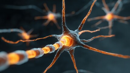 Neurons in a brain, glowing with energy. The concept of neural activity and brain function.