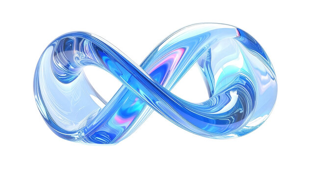 Elegant blue glass infinity symbol with iridescent highlights isolated.