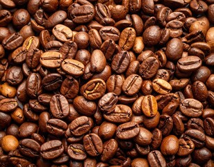 Roasted Coffee Beans Texture in Close Up Macro View Brown and Tan Tones Heap Pile Background Gourmet Aroma Stimulant Drink Ingredient Dark Roast