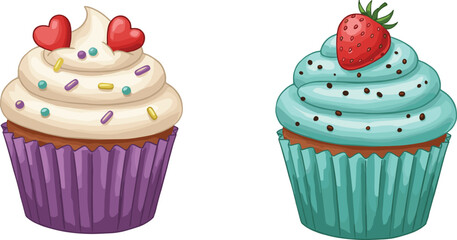 Delicious cartoon cupcakes with cream topping, sweet dessert illustration, cute bakery food clipart, colorful cupcake design, decorated frosting artwork