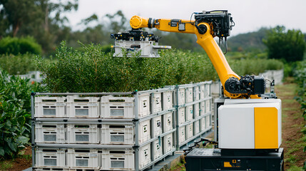 Large yellow robotic arm harvesting and stacking crates in an agricultural field.
