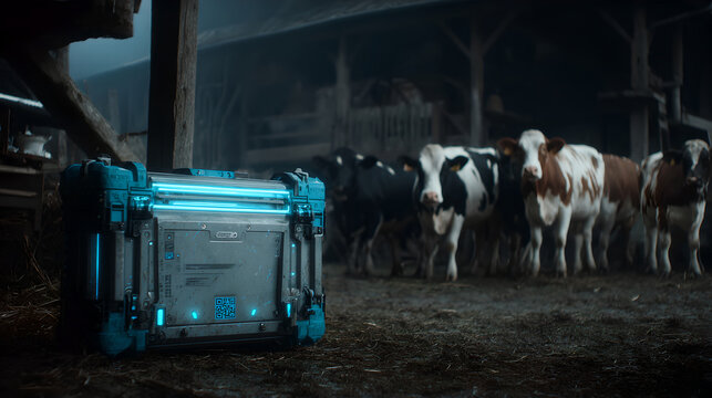 Smart crate with glowing blue accents and QR code link system on a foggy farm.
