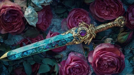 Enchanted Golden Sword with Glowing Crystal Blade Amidst Frost-Kissed Magenta Roses and Lush Dark Foliage