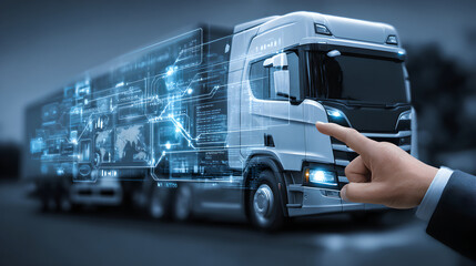 Hand interacting with a blue holographic logistics dashboard projected over a modern semi-truck.
