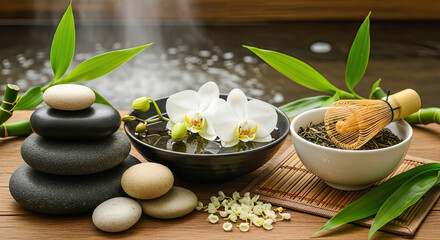 A serene spa setting with a bowl of tea, a bowl of flowers, and a stack of rocks.