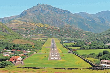 A scenic view of a runway surrounded by lush greenery and mountains, showcasing a blend of nature and aviation infrastructure.