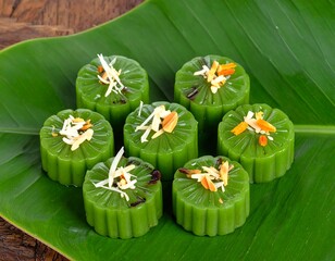 Green Thai Dessert Bites on Banana Leaf.