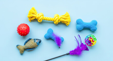 A colorful collection of cat toys on a blue background.