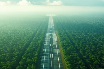 Aerial view of a long road cutting through a dense forest, surrounded by greenery and mist, creating a serene and tranquil atmosphere.