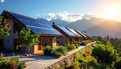 Residential Buildings with Solar Panels on Roofs at Sunset with Mountain View and Lush Greenery Outdoors